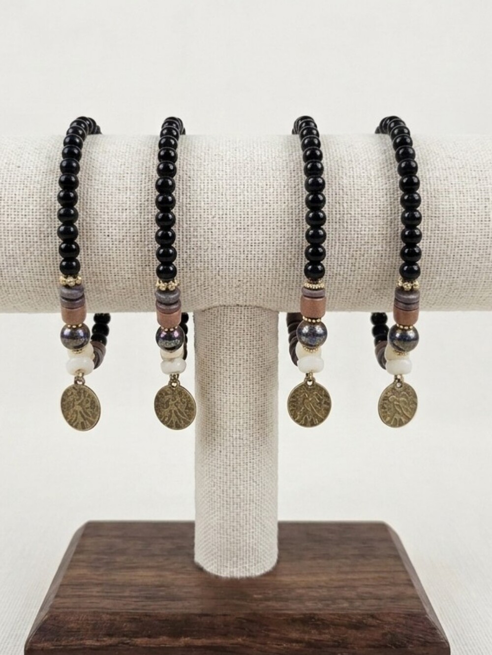 Beaded Black Hemitite and Gold Charm Bracelets Stretch Bracelets Set Of 4 NWT